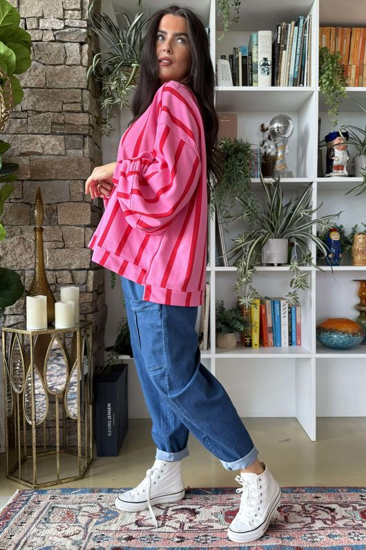 Scamp Lantern Sweatshirt Vertical Stripe Hot Pink & Red